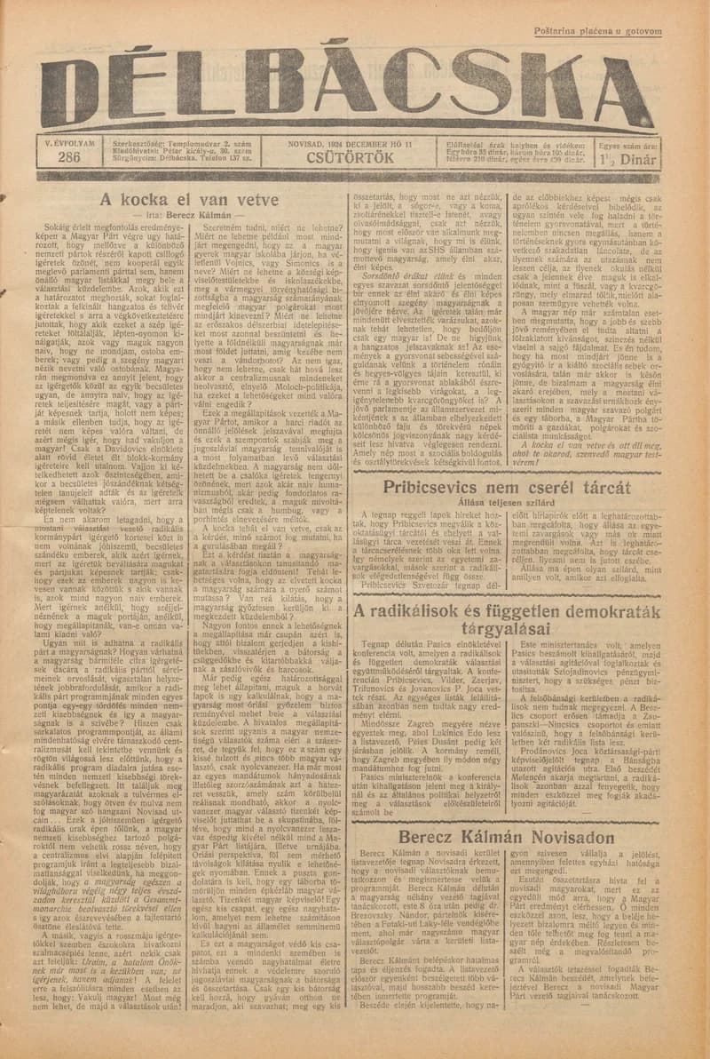 Délbácska, 5. évf. 1924. december 11. 286. sz.