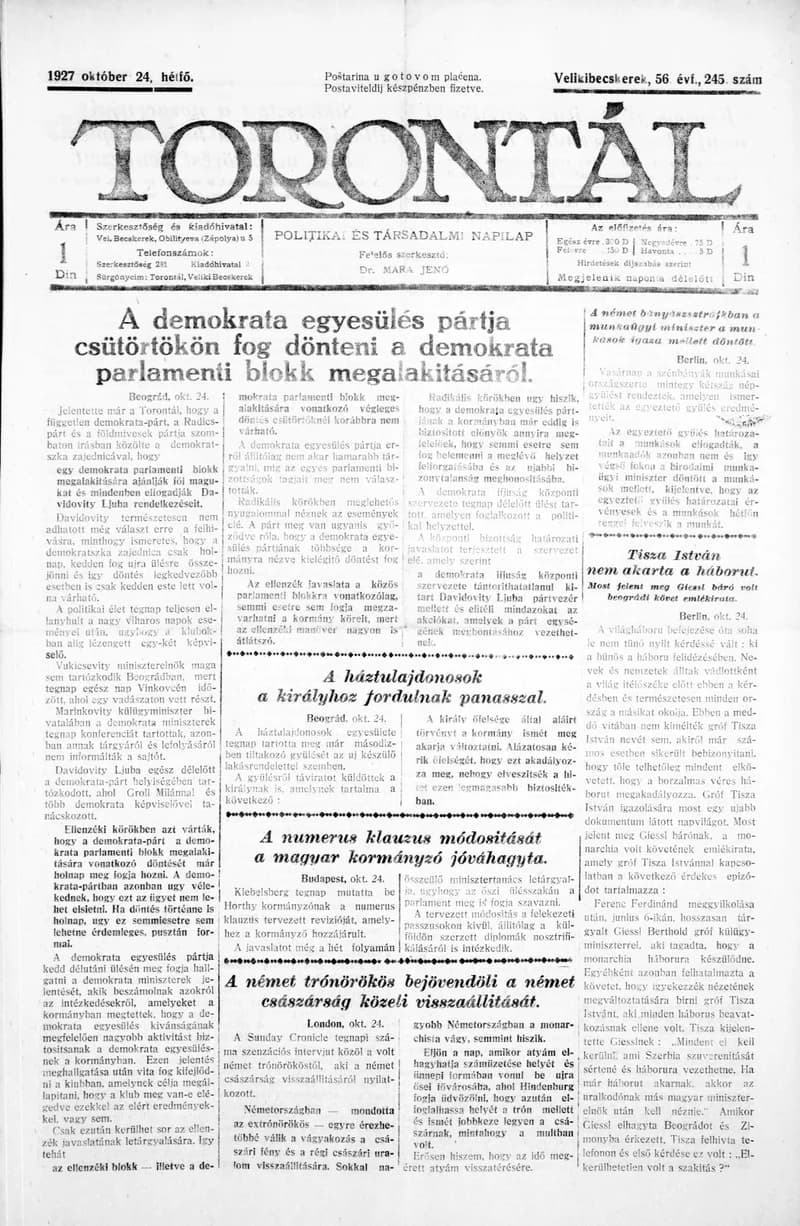 Torontál, 56. évf. 1927. október 24. 245. sz.
