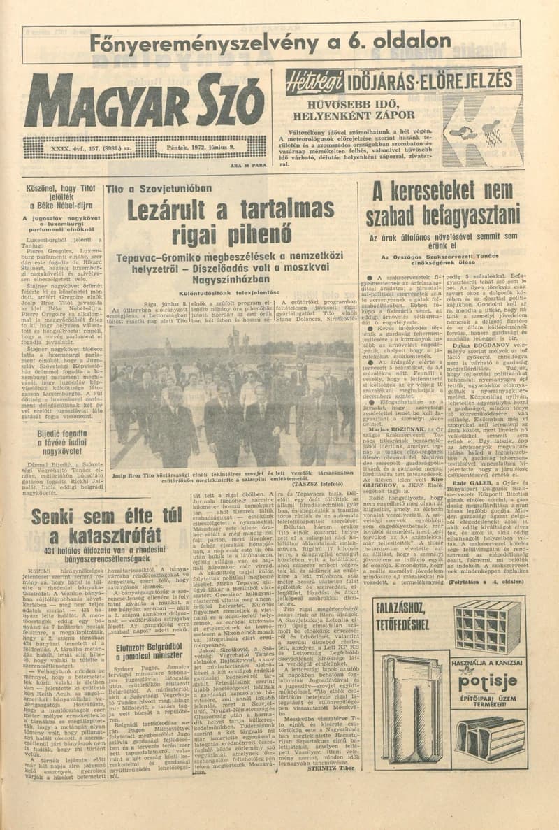 Magyar Szó, 29. évf. 1972. június 9. 157. sz. 1–16. oldal