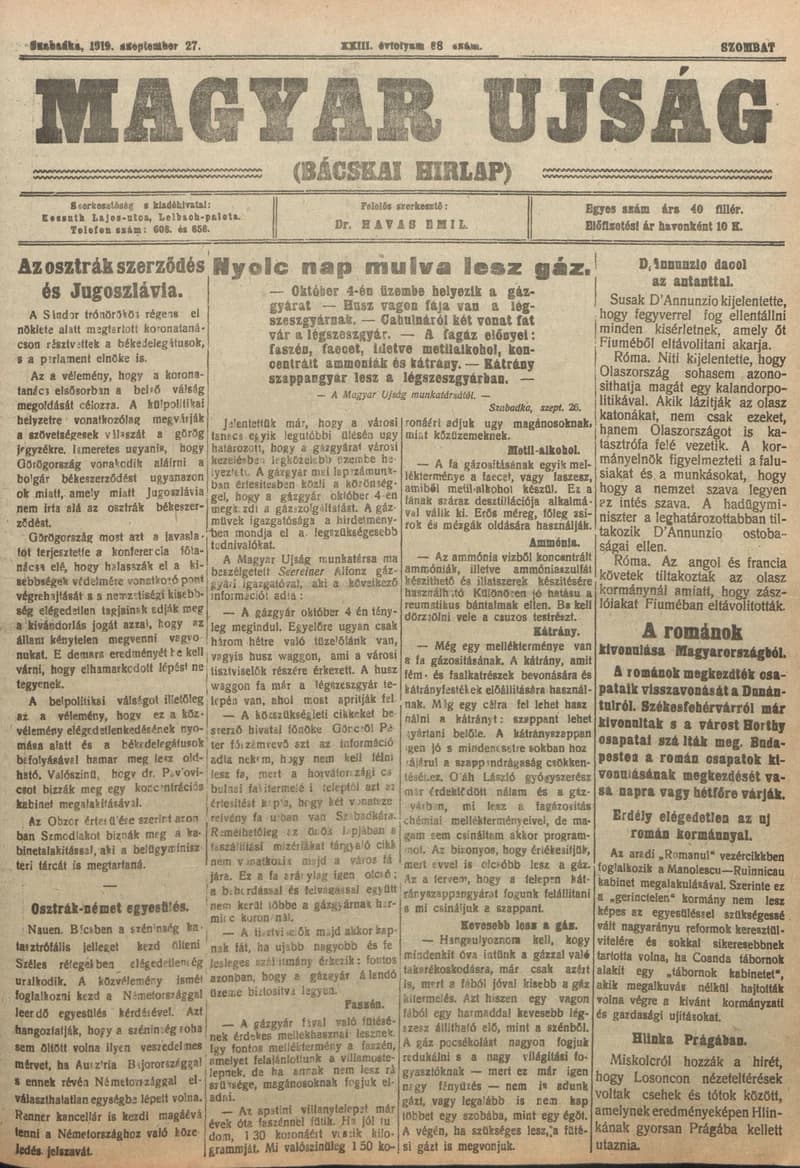 Bácskai Hirlap, 23. évf. 1919. szeptember 27. 88. sz.