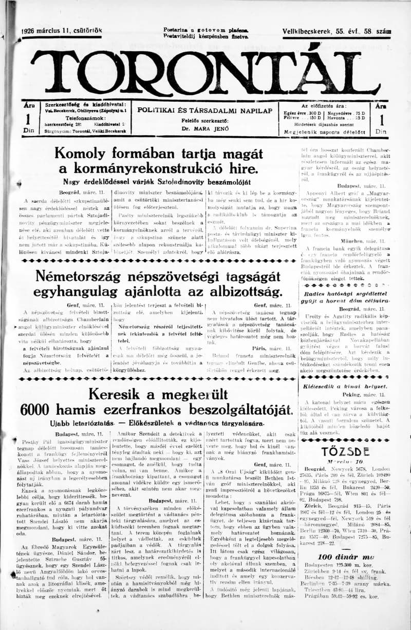 Torontál, 55. évf. 1926. március 11. 58. sz.