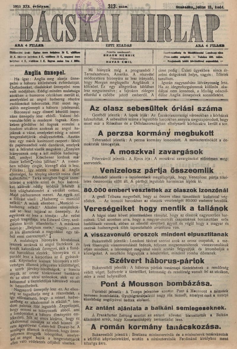 Bácskai Hirlap, 19. évf. 1915. július 13. 313. sz.