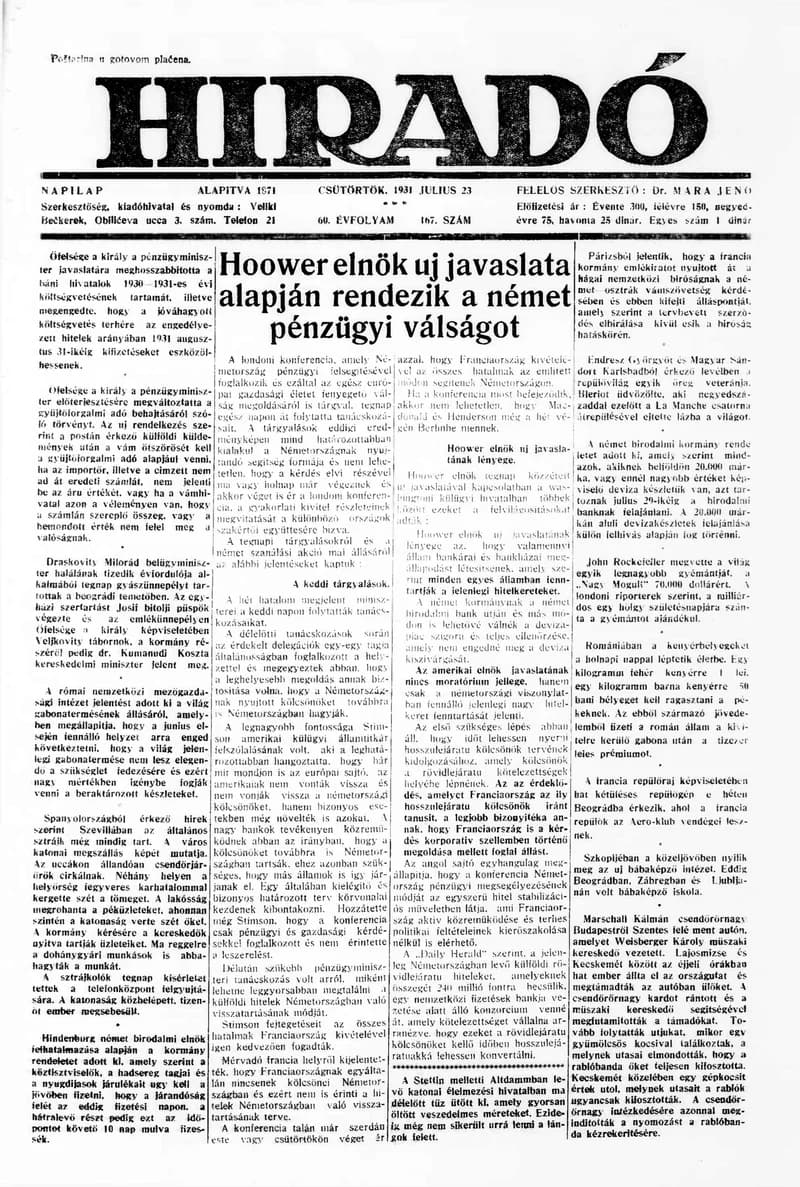 Híradó, 60. évf. 1931. július 23. 167. sz.