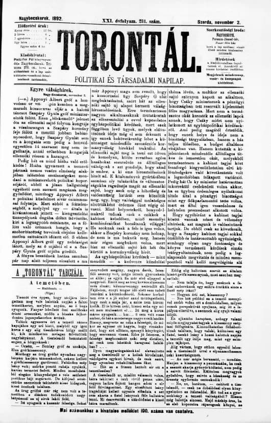 Torontál, 21. évf. 1892. november 2. 231. sz.