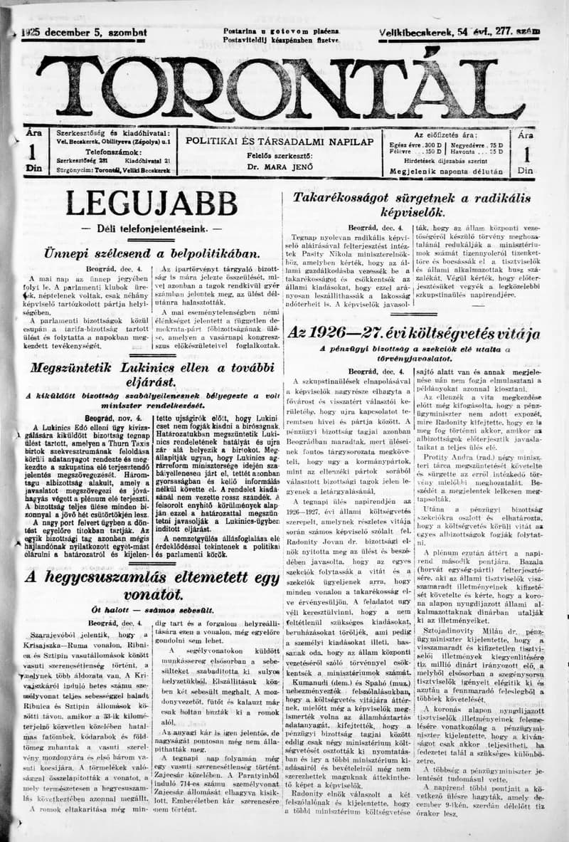 Torontál, 54. évf. 1925. december 5. 277. sz.