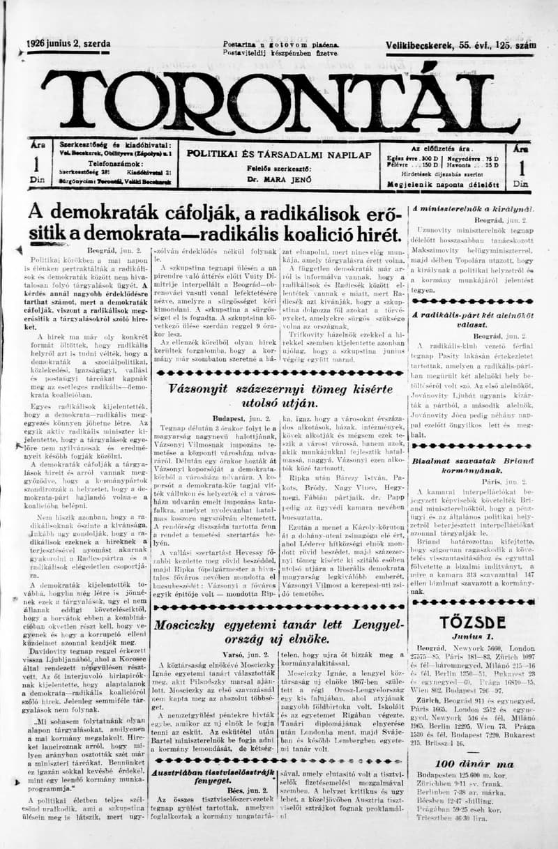Torontál, 55. évf. 1926. június 2. 125. sz.
