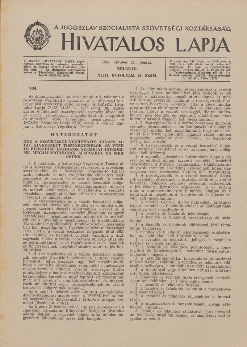 A Jugoszláv Szocialista Szövetségi Köztársaság Hivatalos Lapja, 43. évf. 1987. október 23. 69. sz. 1621–1644. oldal