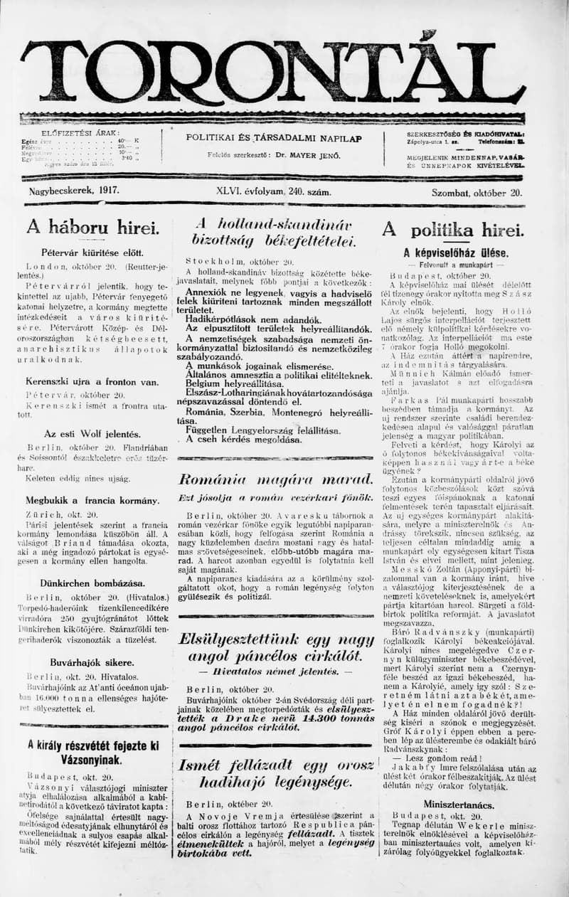 Torontál, 46. évf. 1917. október 20. 240. sz.