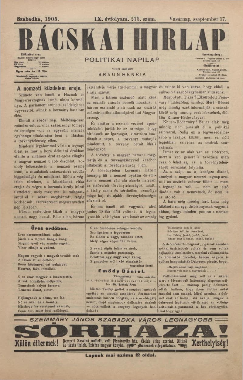 Bácskai Hirlap, 9. évf. 1905. szeptember 17. 215. sz.