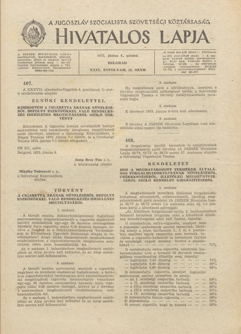 A Jugoszláv Szocialista Szövetségi Köztársaság Hivatalos Lapja, 29. évf. 1973. június 8. 32. sz. 953–956. oldal