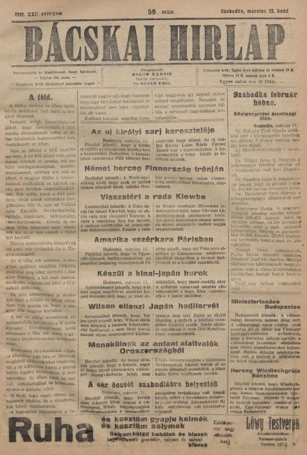 Bácskai Hirlap, 22. évf. 1918. március 12. 59. sz.