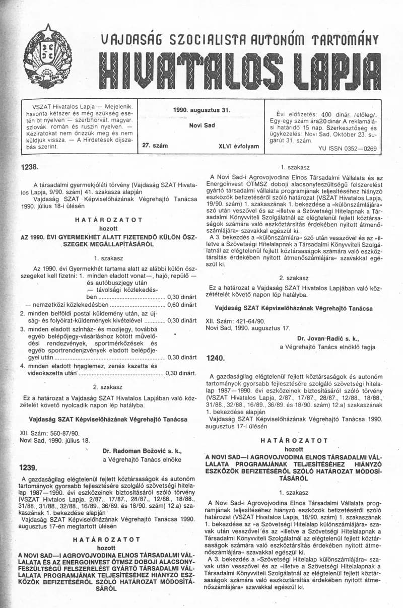 Vajdaság Szocialista Autonóm Tartomány Hivatalos Lapja, 46. évf. 1990. augusztus 31. 27. sz.