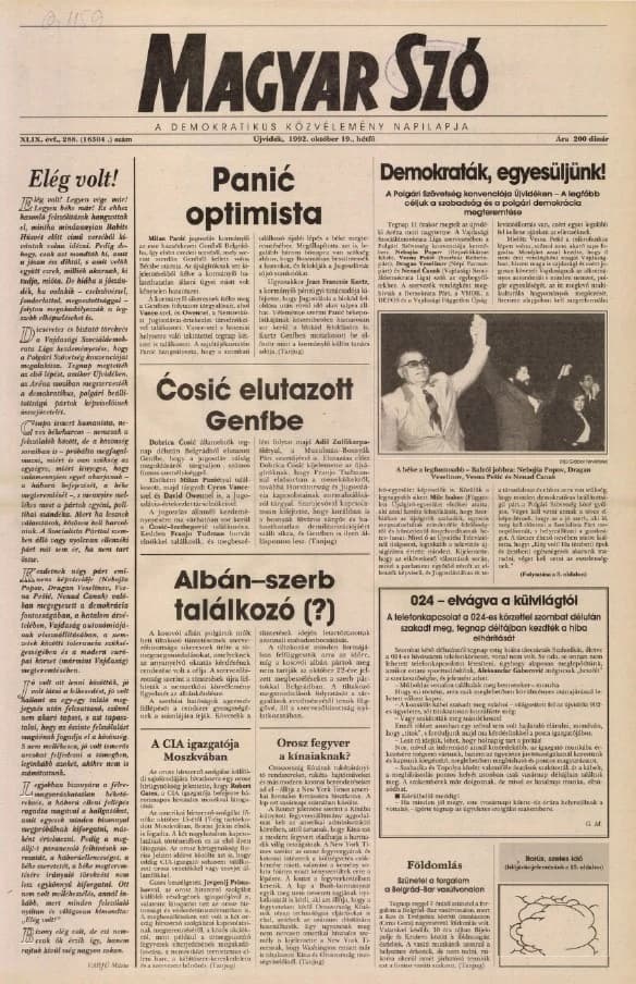 Magyar Szó, 49. évf. 1992. október 19. 288. sz. 1–16. oldal