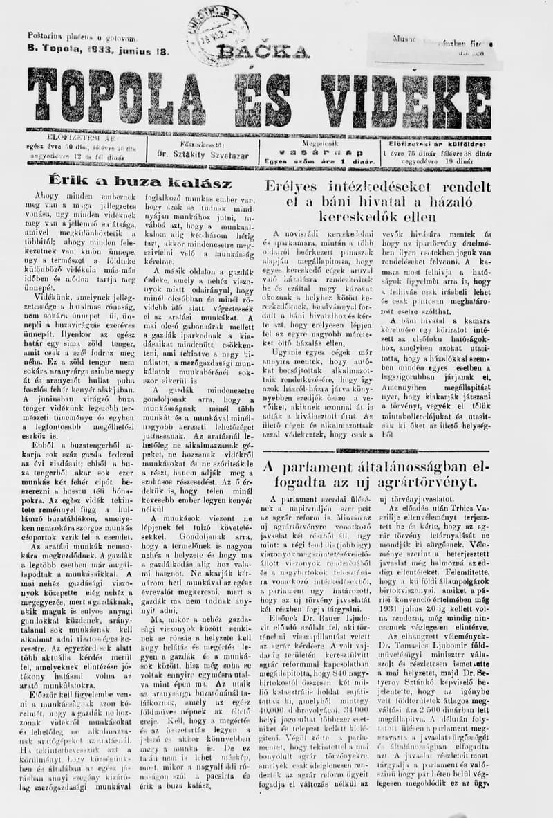 Bačka Topola és Vidéke, 10. évf. 1933. június 18. 25. sz.