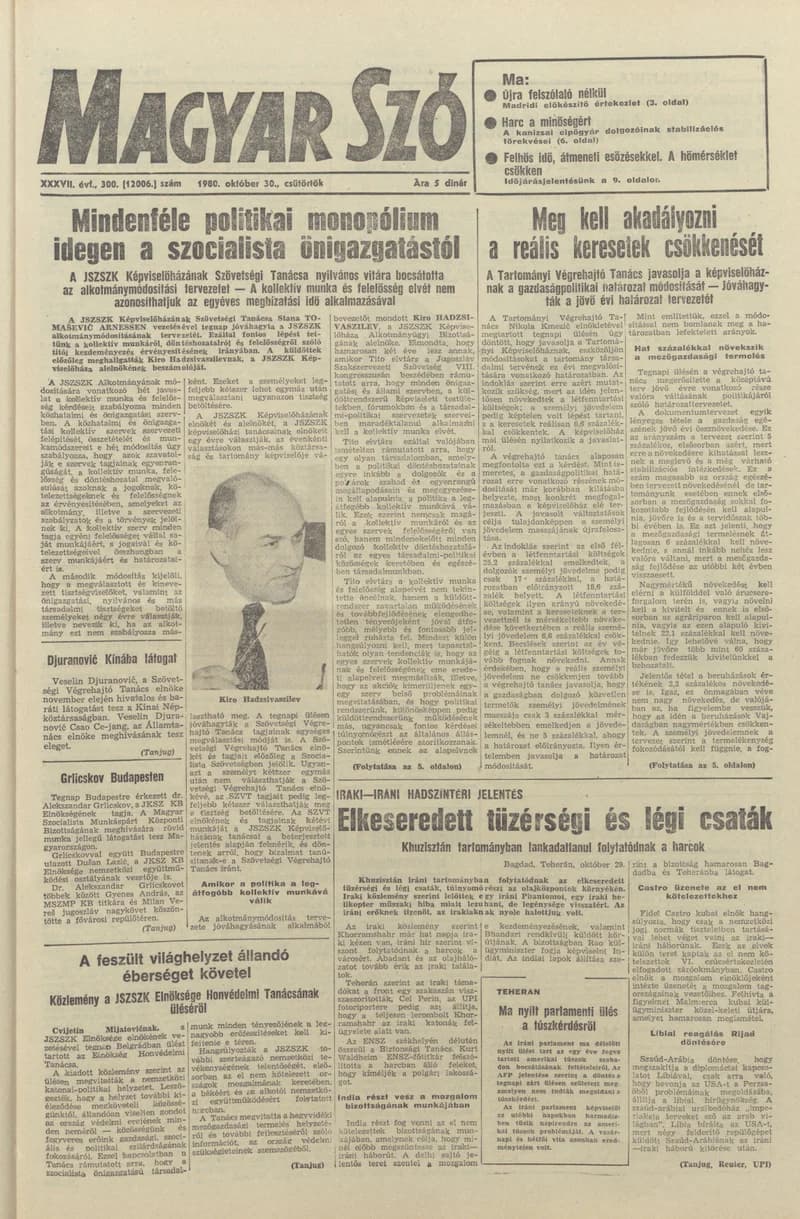 Magyar Szó, 37. évf. 1980. október 30. 300. sz. 1–20. oldal