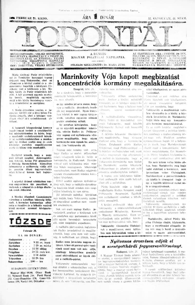 Torontál, 57. évf. 1928. február 21. 43. sz.