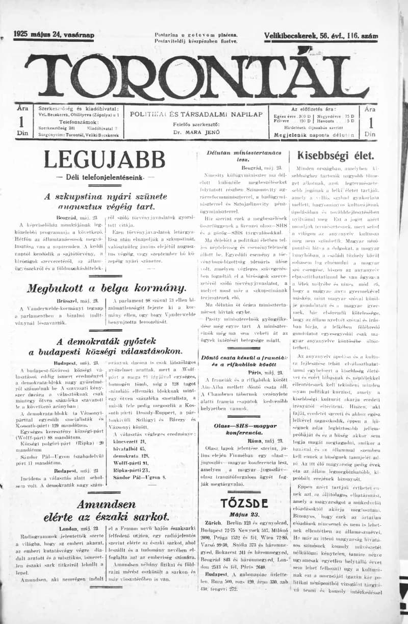 Torontál, 54. évf. 1925. május 24. 116. sz.
