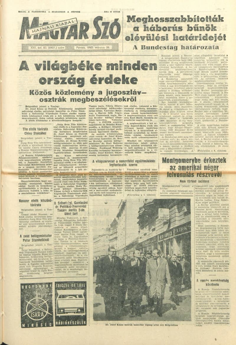 Magyar Szó, 22. évf. 1965. március 26. 83. sz. 1–16. oldal