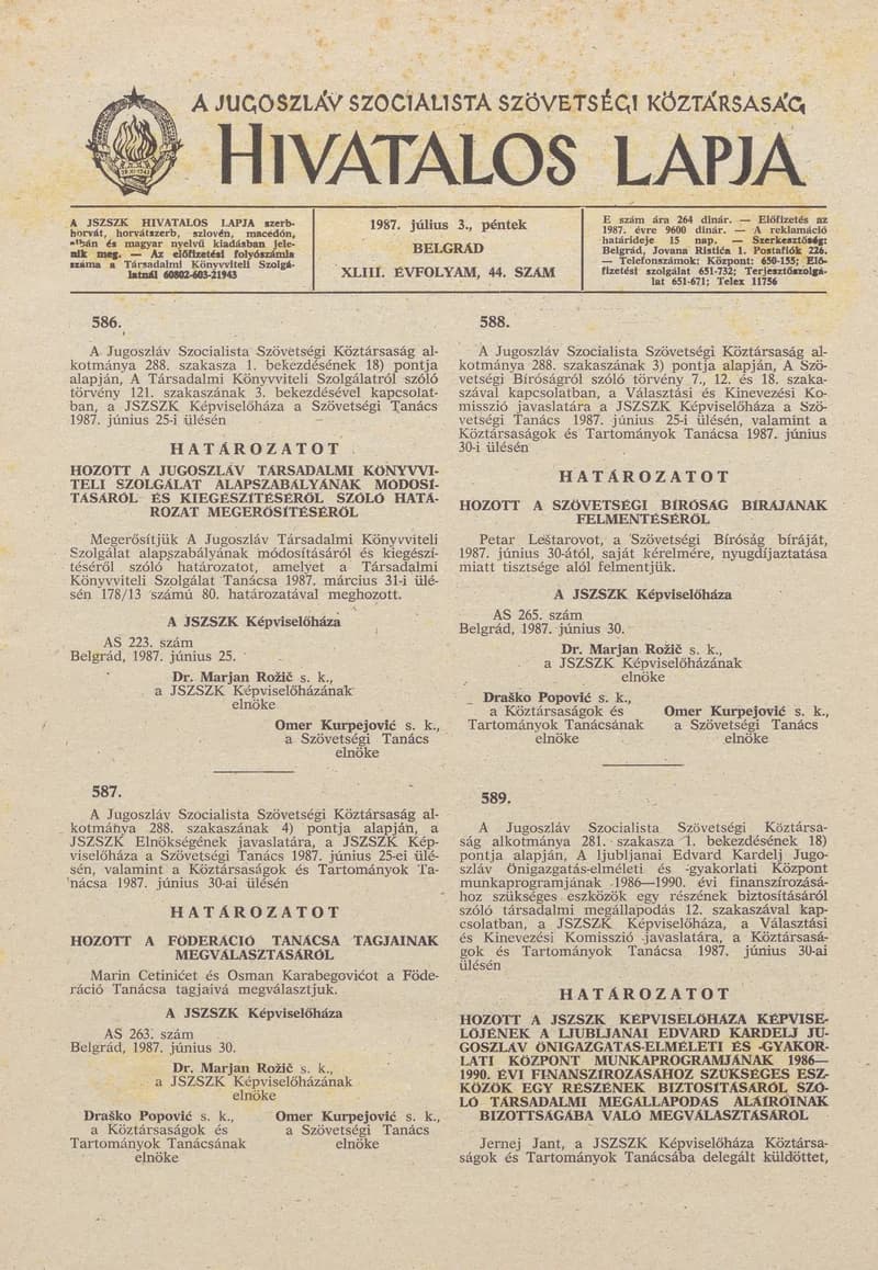 A Jugoszláv Szocialista Szövetségi Köztársaság Hivatalos Lapja, 43. évf. 1987. július 3. 44. sz. 1089–1112. oldal