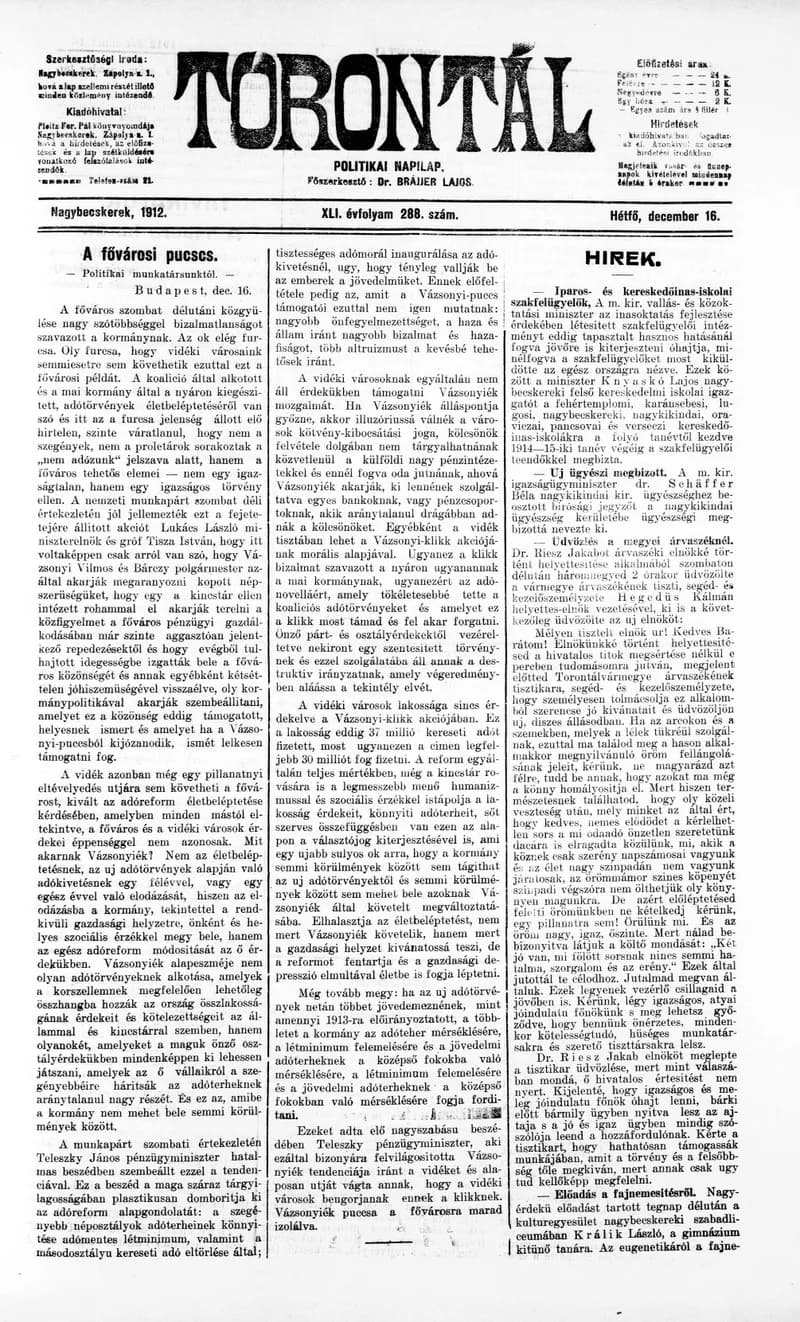 Torontál, 41. évf. 1912. december 16. 288. sz.