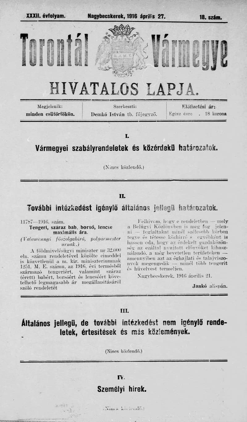 Torontál Vármegye Hivatalos Lapja, 32. évf. 1916. április 27. 18. sz.
