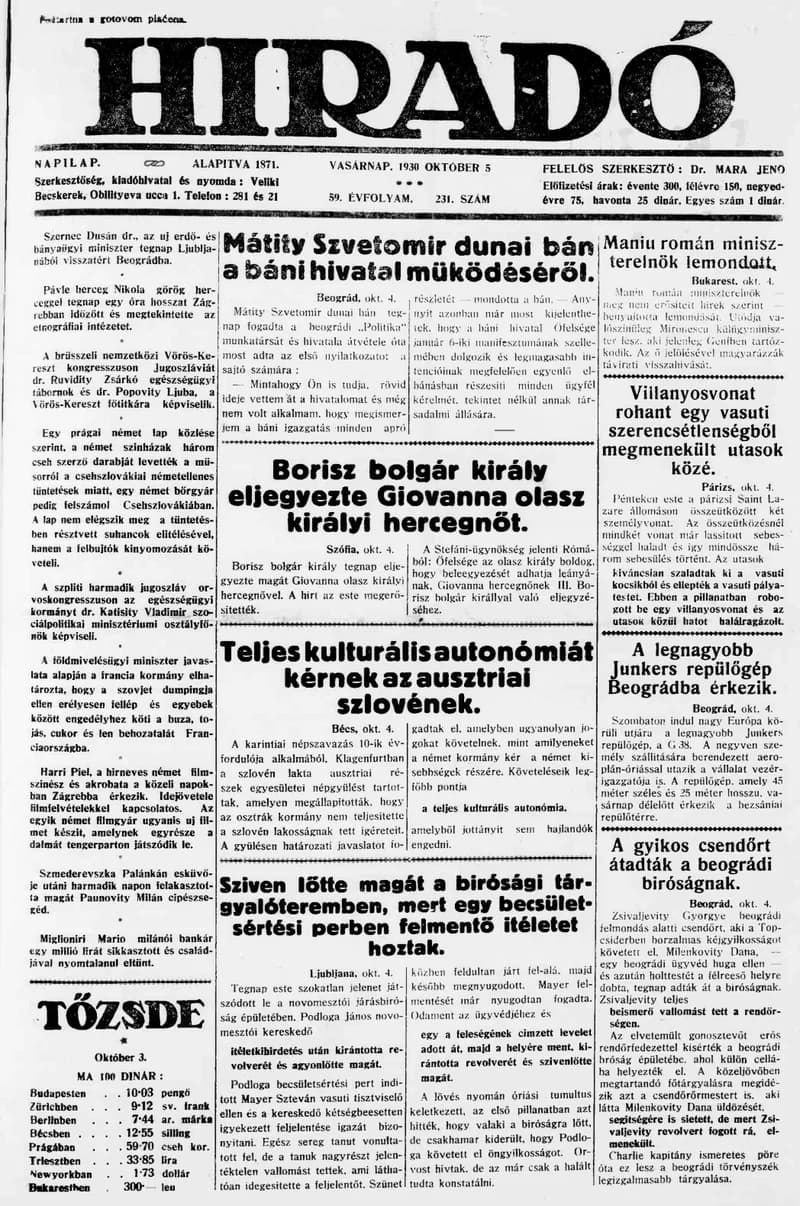 Híradó, 59. évf. 1930. október 5. 231. sz.