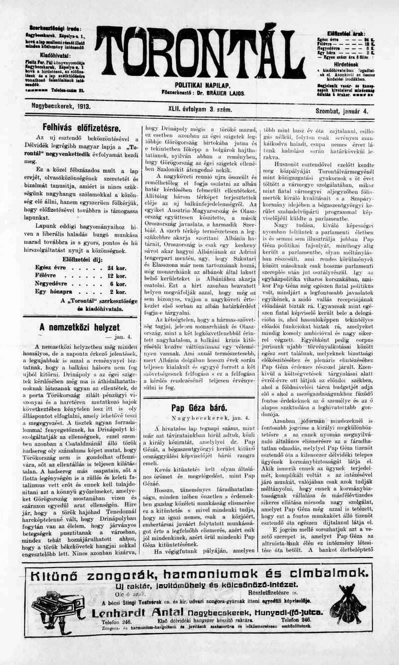 Torontál, 42. évf. 1913. január 4. 3. sz.