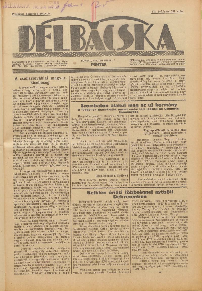 Délbácska, 7. évf. 1926. december 17. 291. sz.