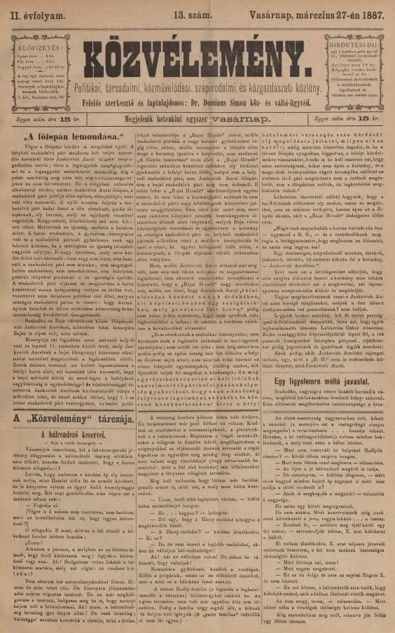 Közvélemény, 2. évf. 1887. március 27. 13. sz.