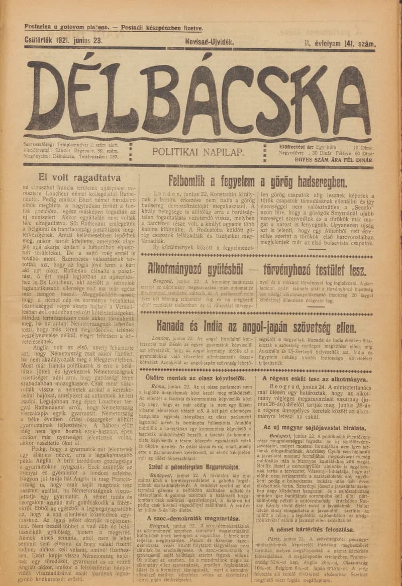 Délbácska, 2. évf. 1921. június 23. 141. sz.