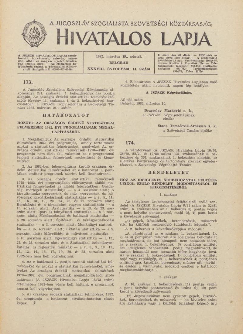 A Jugoszláv Szocialista Szövetségi Köztársaság Hivatalos Lapja, 38. évf. 1982. március 19. 14. sz. 369–448. oldal