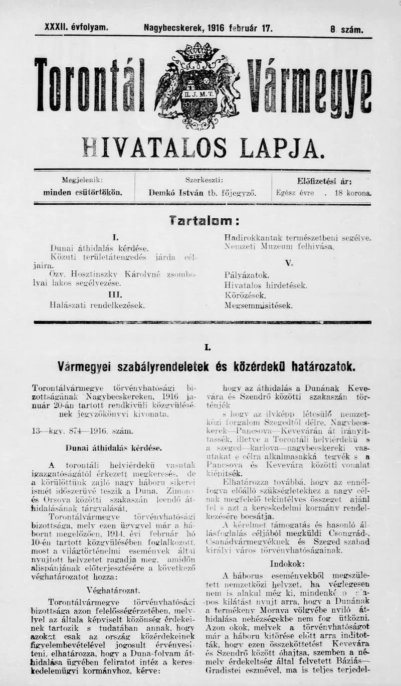Torontál Vármegye Hivatalos Lapja, 32. évf. 1916. február 17. 8. sz.
