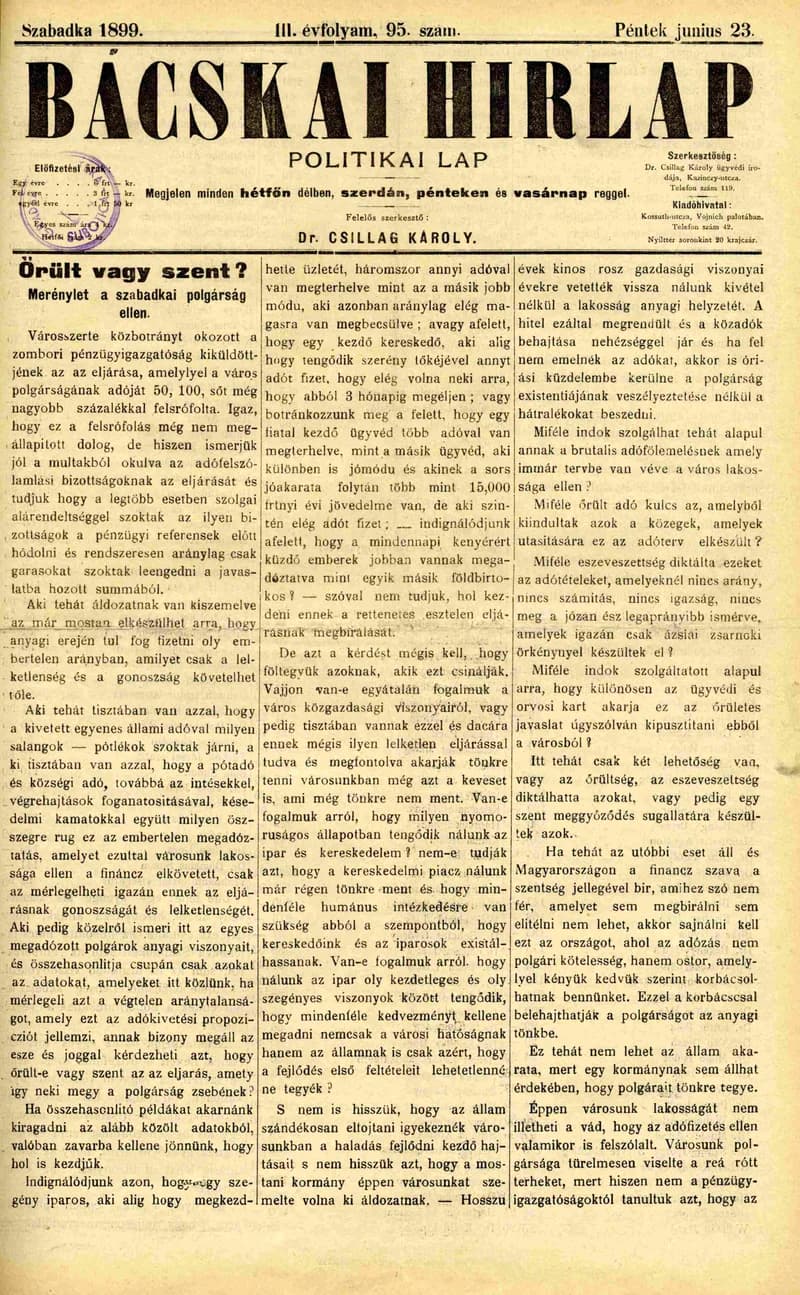 Bácskai Hirlap, 3. évf. 1899. június 23. 95. sz.