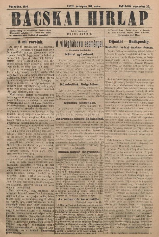 Bácskai Hirlap, 18. évf. 1914. augusztus 20. 188. sz.