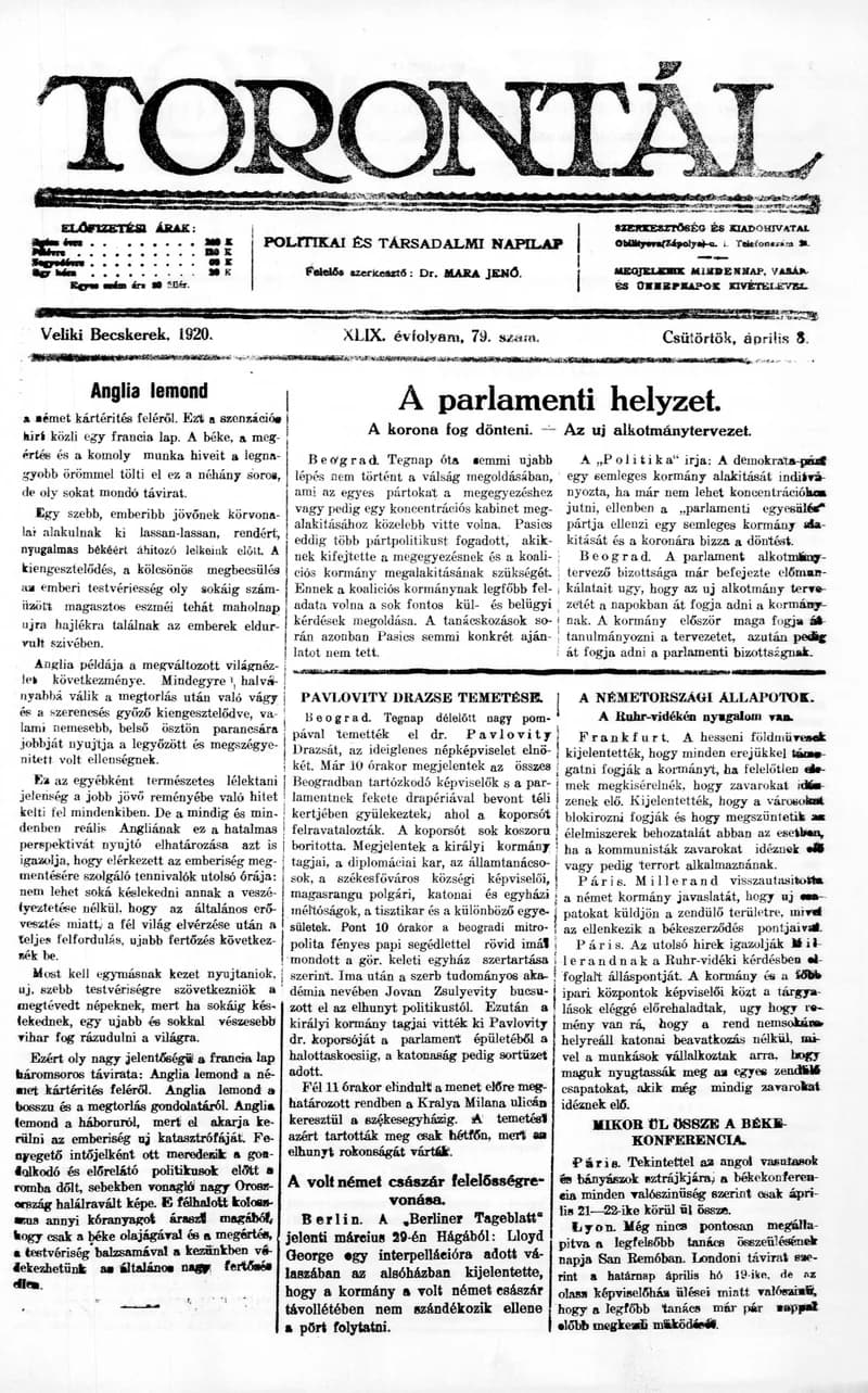 Torontál, 49. évf. 1920. április 8. 79. sz.
