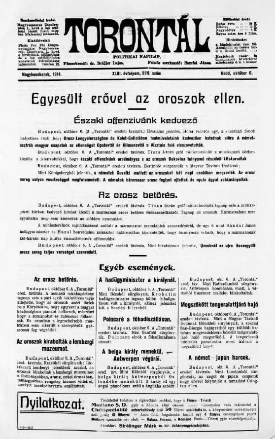 Torontál, 43. évf. 1914. október 6. 226. sz.