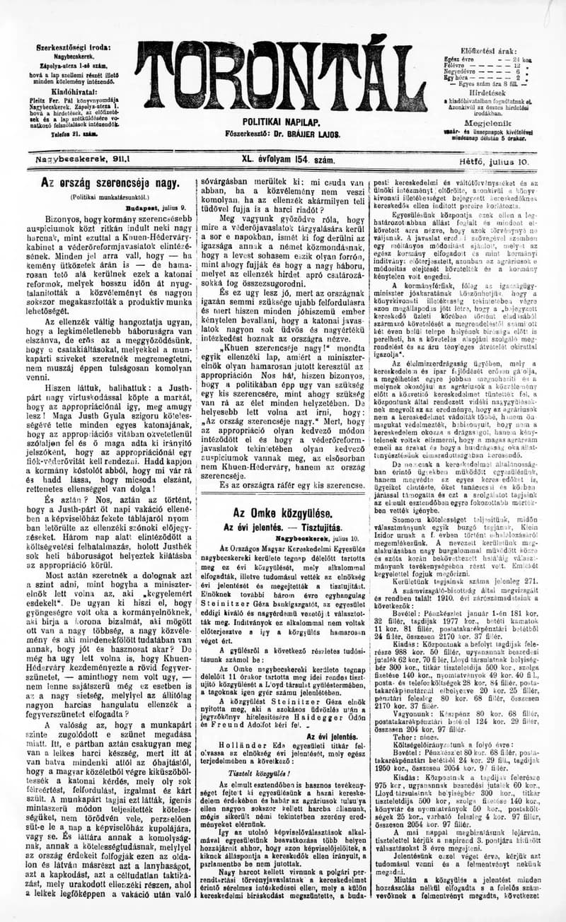 Torontál, 40. évf. 1911. július 10. 154. sz.