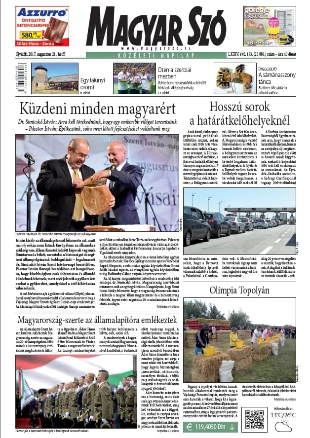 Magyar Szó, 74. évf. 2017. augusztus 21. 193. sz. 1. oldal