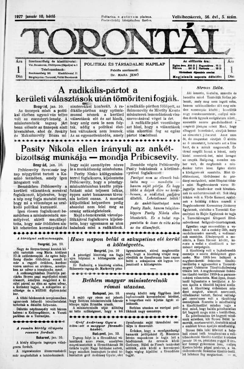 Torontál, 56. évf. 1927. január 10. 5. sz.