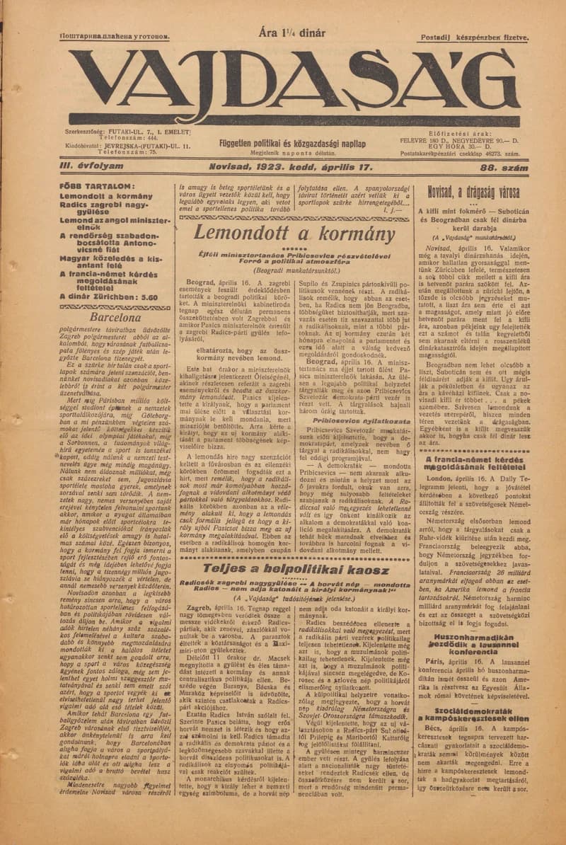 Vajdaság, 3. évf. 1923. április 17. 88. sz.