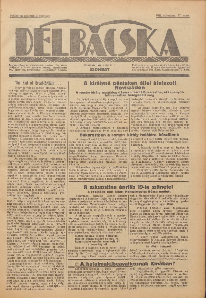 Délbácska, 8. évf. 1927. április 2. 77. sz.