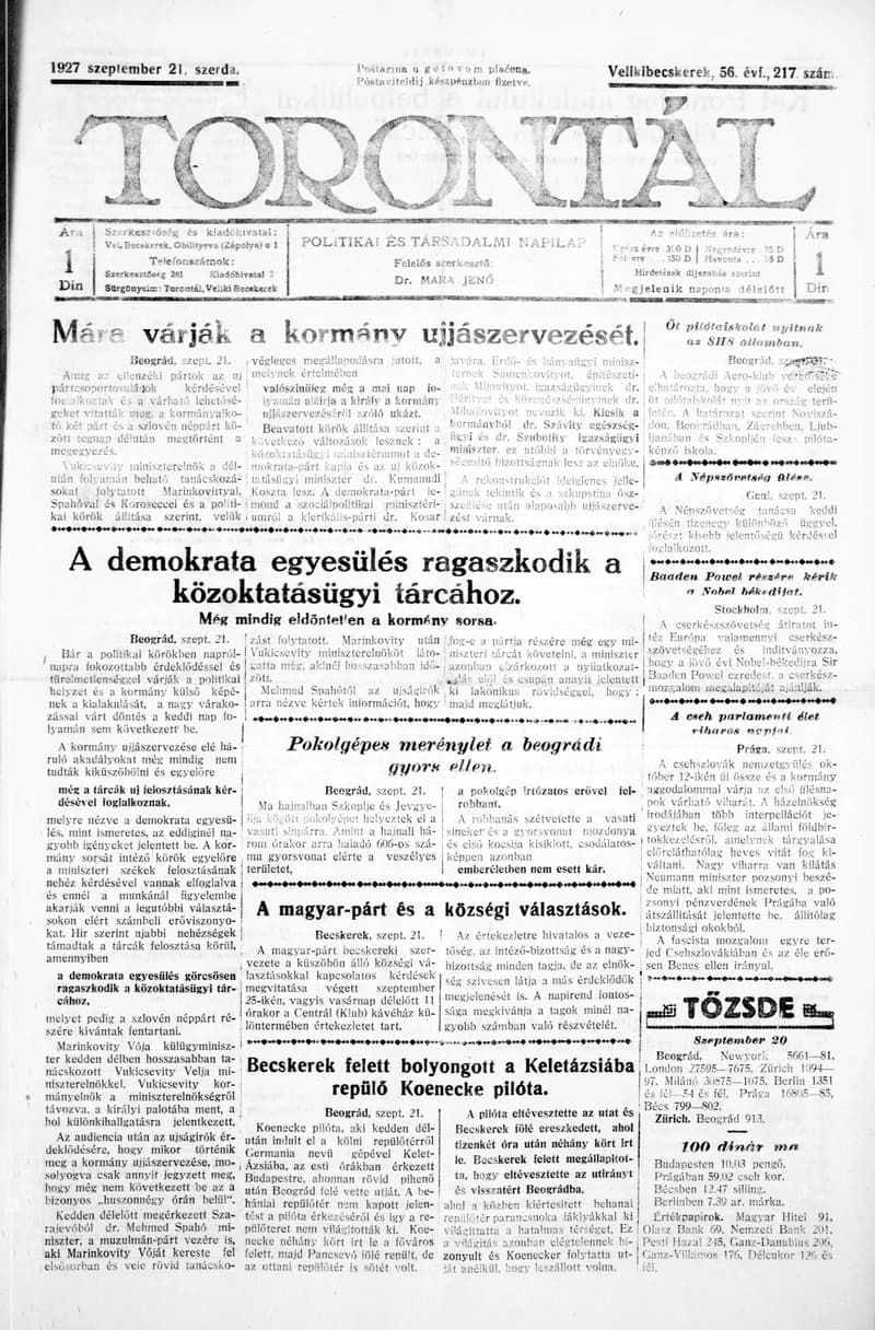 Torontál, 56. évf. 1927. szeptember 21. 217. sz.