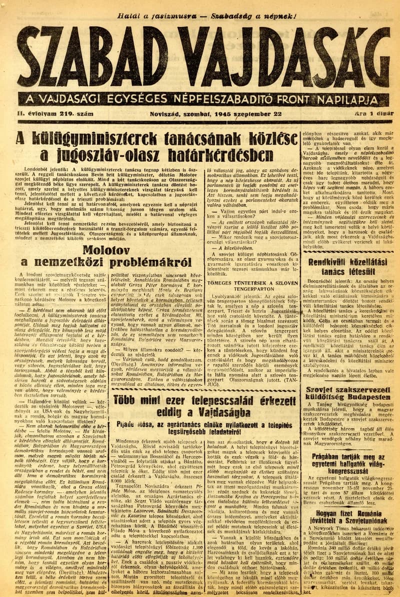 Szabad Vajdaság, 2. évf. 1945. szeptember 22. 219. sz.