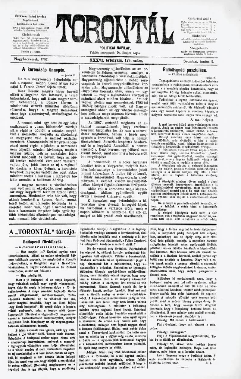 Torontál, 36. évf. 1907. június 8. 129. sz.