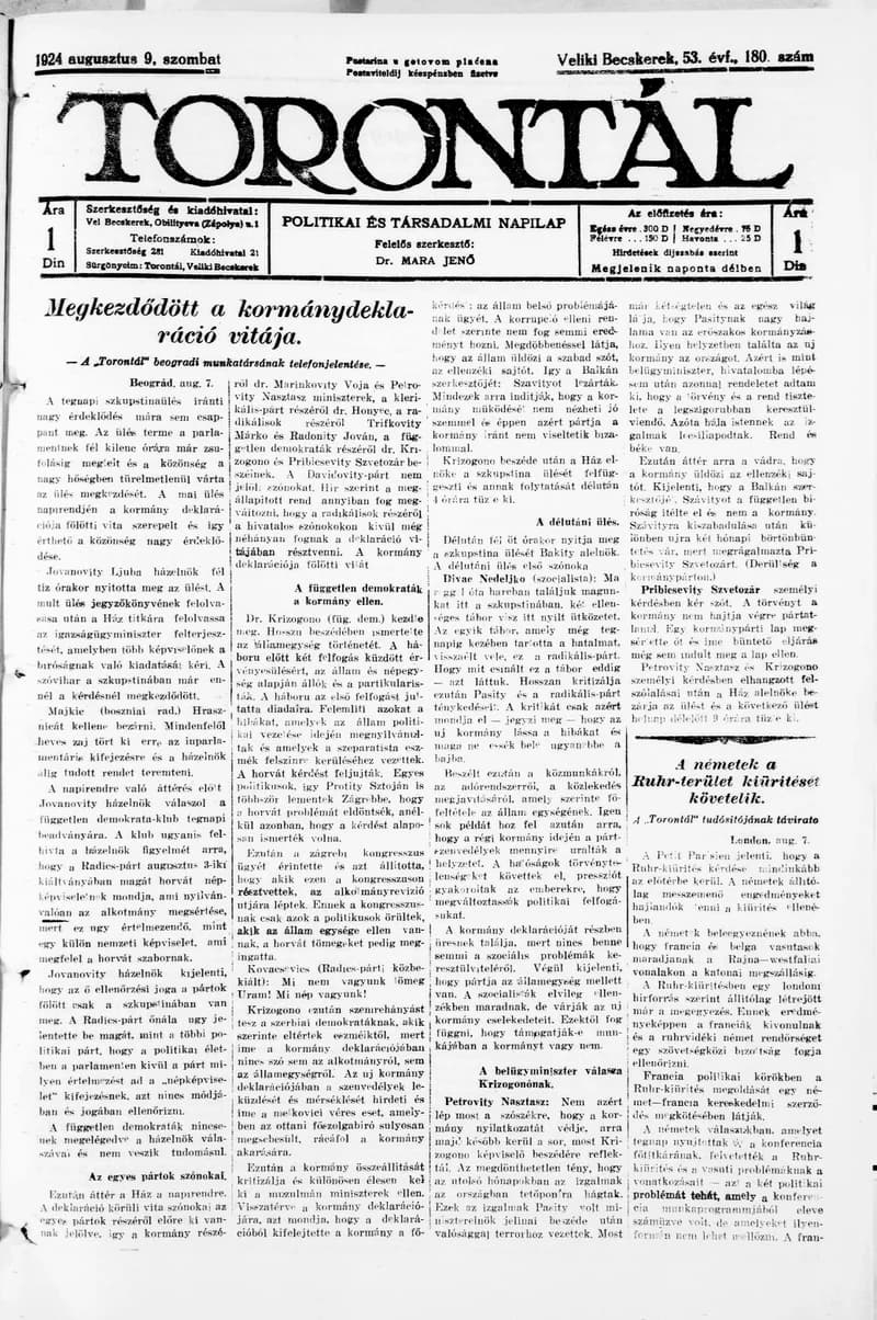 Torontál, 53. évf. 1924. augusztus 9. 180. sz.