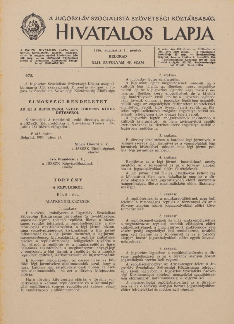 A Jugoszláv Szocialista Szövetségi Köztársaság Hivatalos Lapja, 42. évf. 1986. augusztus 1. 45. sz. 1297–1344. oldal