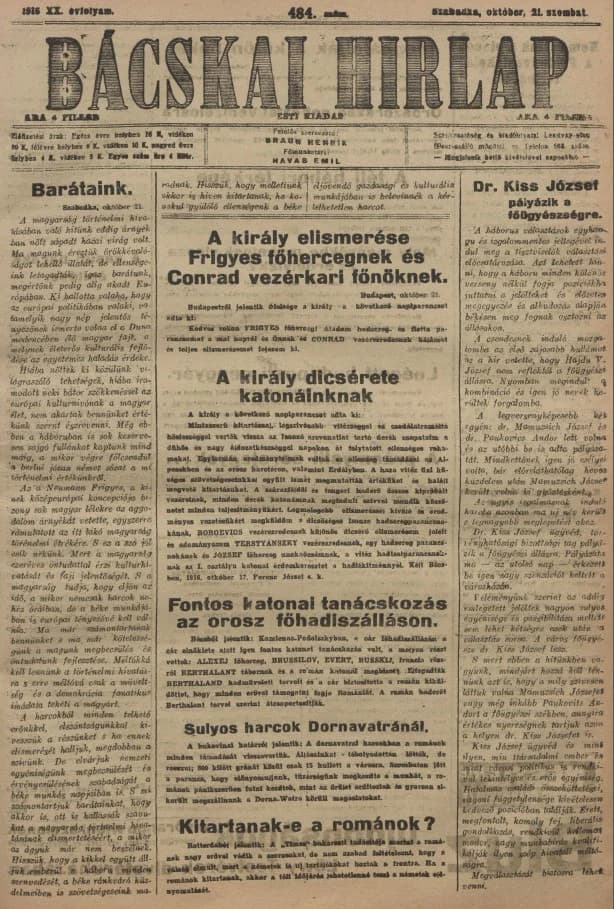 Bácskai Hirlap, 20. évf. 1916. október 21. 484. sz.