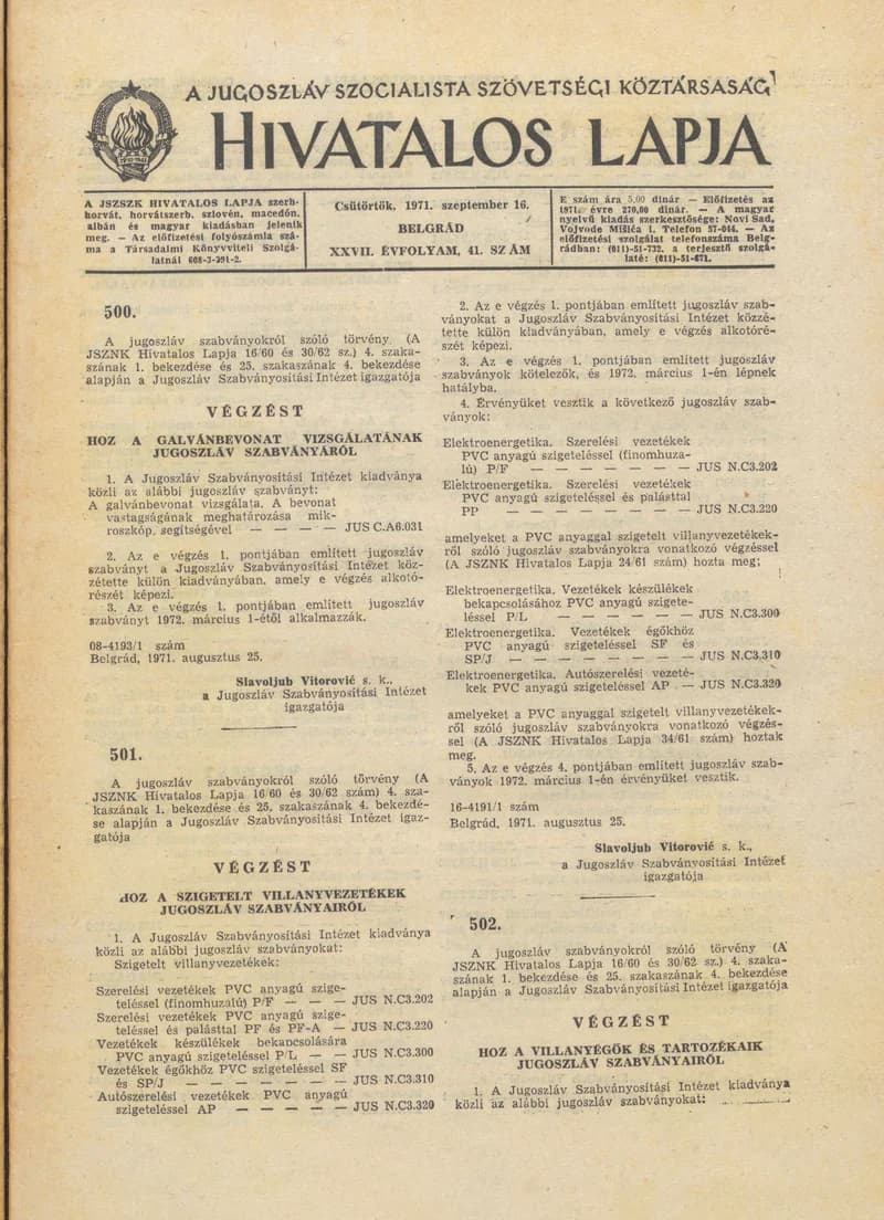 A Jugoszláv Szocialista Szövetségi Köztársaság Hivatalos Lapja, 27. évf. 1971. szeptember 16. 41. sz. 713–720. oldal