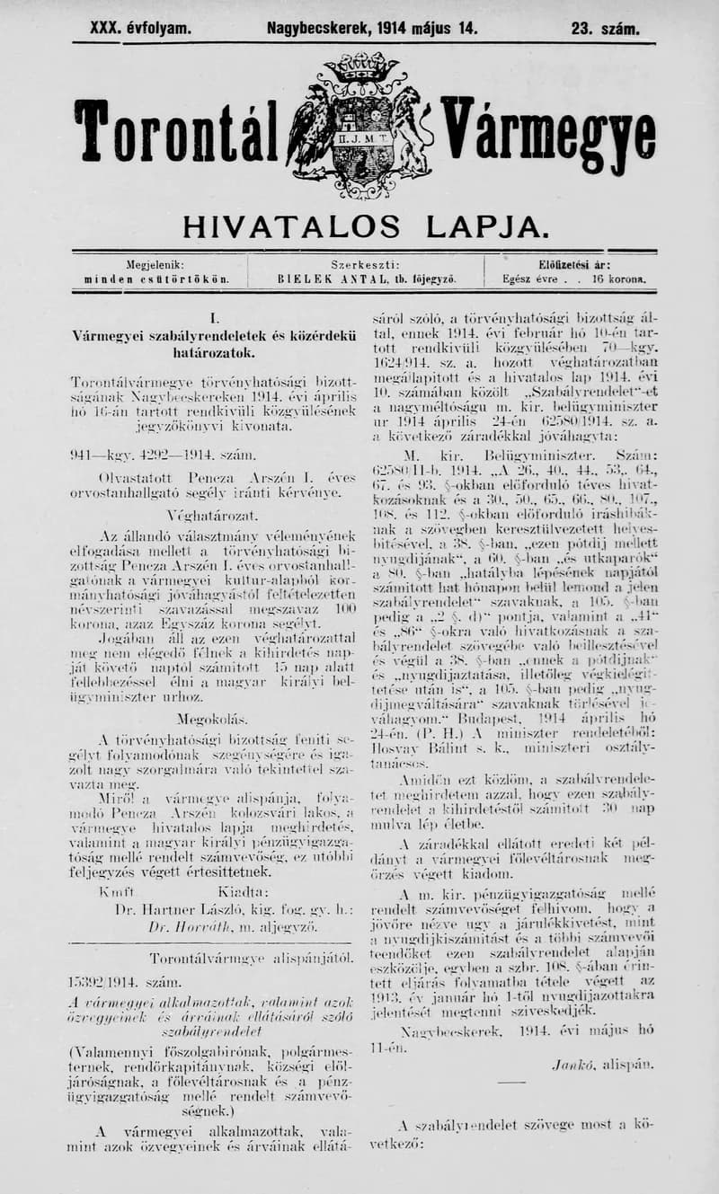 Torontál Vármegye Hivatalos Lapja, 30. évf. 1914. május 14. 23. sz.