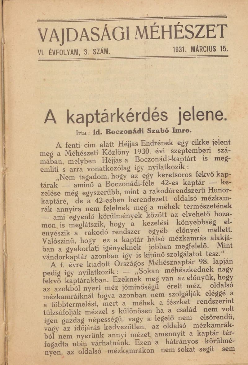 Vajdasági méhészet, 6. évf. 1931. március 15. 3. sz.